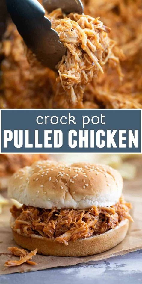 How to make super easy Crockpot BBQ Pulled Chicken. A simple, homemade bbq sauce simmers with chicken breasts and thighs for these easy BBQ pulled chicken sandwiches. Easy Bbq Pulled Chicken, Crock Pot Pulled Chicken, Pulled Chicken Crock Pot Recipes, Slow Cooker Kip, Crockpot Pulled Chicken, Bbq Pulled Chicken Sandwiches, Bbq Pulled Chicken, Pulled Chicken Sandwiches, Taste And Tell