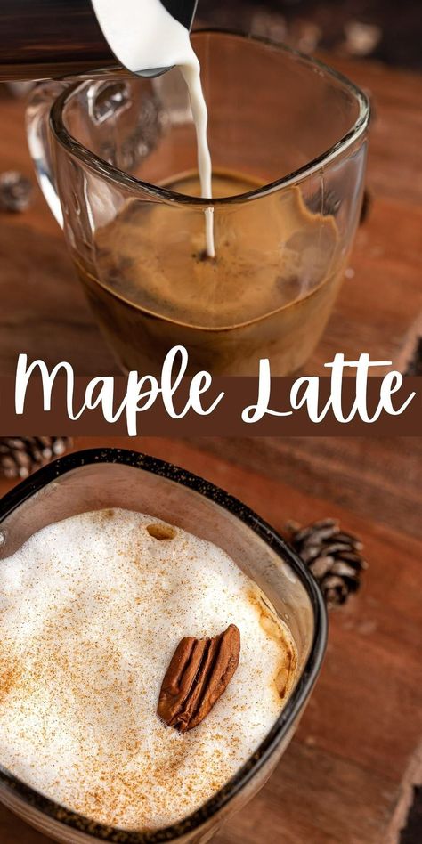 This maple latte is the perfect latte to make on a crisp fall morning. Made with a homemade pecan, maple and cinnamon syrup for a delicious, cozy latte. Maple Cinnamon Latte, Maple Drinks, Nespresso Drinks, Speciality Coffee Recipes, Maple Latte Recipe, Pecan Syrup, Crisp Fall Morning, Maple Latte, Fall Coffee Recipes