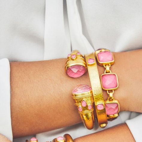 JULIE VOS on Instagram: "Pretty in Pink 💖 How we stack our favorite pink gemstone in #peonypink.  #julievos #armparty #braceletstack #24kgold #popofcolor" Julie Vos Bracelet Stack, Store Inspiration, Julie Vos, Arm Party, Stacked Bangles, Pink Gemstones, Gemstone Bracelets, Girls Best Friend, Bracelet Stack