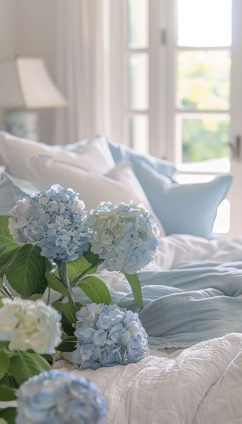 Blue and White Crisp, Coastal, Hydrangea Bedroom Blue Hydrangea Bedroom, Hydrangea Bedroom, Blue Cottage, Cottage Bedroom, Dream Living, First Apartment, Blue Hydrangea, Aesthetic Bedroom, Guest Bedroom