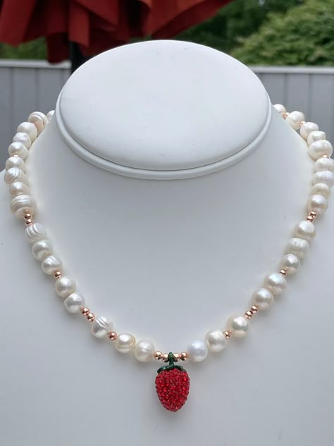 Strawberry Accessories, Strawberry Clothing, Strawberry Beads, Strawberry Jewelry, Food Necklace, Strawberry Necklace, Funky Necklace, Fruit Necklace, Pearl Rose