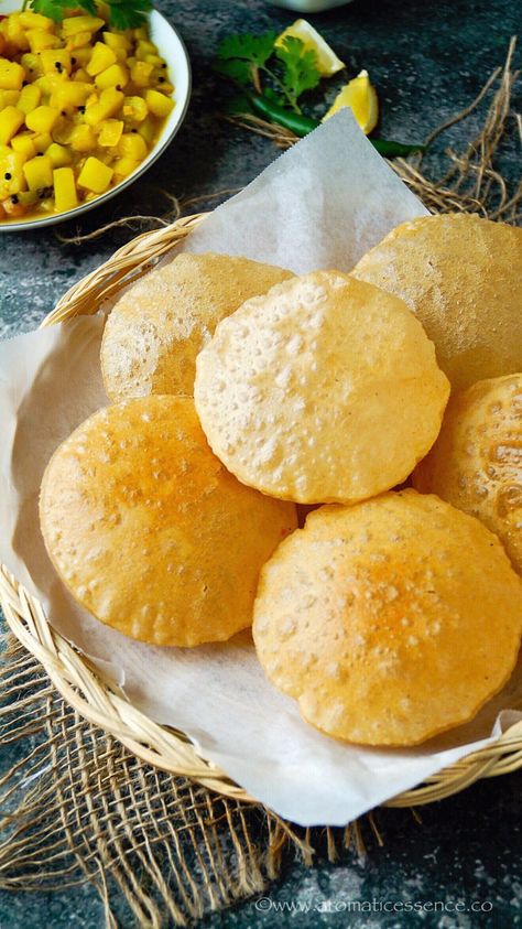 Poori recipe | Puri recipe | Soft & puffy deep-fried Indian bread - Aromatic Essence Poori Bhaji Photography, Shrikhand Puri, Acotar Food, Brownie Aesthetics, Poori Bhaji, Poori Recipe, Pakistani Cuisine, Mauritian Food, Roti Canai