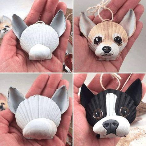 Super cute idea to make dog faces from sea shells if you know your way with a paint brush. Featured on Completely Coastal Facebook Page. These are also for sale. Just follow the links. Art Coquillage, Seashell Projects, Shells Diy, Seashell Painting, Shell Crafts Diy, Sea Crafts, Painted Shells, Dog Christmas Ornaments, Seashell Art