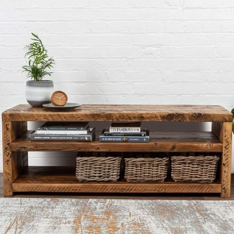 Reclaimed Wood Tv Stand Rustic, Rustic Tv Console Long, Chunky Tv Stand, Reclaimed Wood Tv Console, Simple Wood Tv Stand, Rustic Wood Furniture Living Room, Natural Tv Stand, Rustic Tv Stand Ideas, Rustic Tv Cabinet