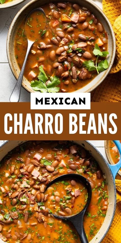 Charro Beans (Frijoles Charros) are Mexican cowboy beans simmered in a flavorful broth made from bacon, ham, onions, garlic, peppers, tomatoes, and delicious spices. They make a delicious meal when served with some flour tortillas for dipping, or a great side dish to accompany Mexican rice and various meats. Mexican Cowboy Beans Frijoles Charros, Ranchero Beans Crockpot, Crockpot Charro Beans Mexican, Mexican Beans Side Dish, Mexican Pork And Beans, Crockpot Frijoles Charros, Charro Beans In Crockpot, Charro Beans Mexican Stove Top, Mexican Style Chili Beans