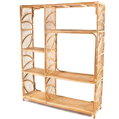 Coastal Palms Rattan ShelvesThe Coastal Palms Rattan Shelves has a tropical vibe sure to elevate your design space. The wood frame is wrapped in a natural rattan for a coastal style. The palm leaf designs in the sides enhances the nautical presence of this bookcase. #natural, #coastal, #shelves Rattan Clothes Rack, Coastal Shelves, Style Wall Shelves, French Country Bookcase, Rattan Bookcase, Rattan Shelves, Bohemian Bungalow, Painted Shelves, Coastal Office