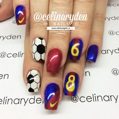 Barcelona Nails Art, Barcelona Inspired Nails, Barcelona Nails Design, Barca Nails, Soccer Nails Design, Barcelona Nails, Soccer Nails, Sports Nails, Football Nails