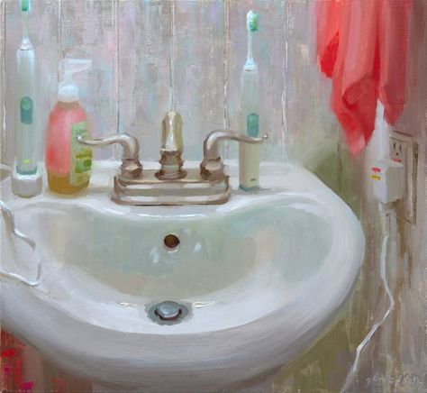 🛁Morning Routine, 18"x16" — Original contemporary fine art oil paintings of modern interiors and still lifes by artist Ashley Glazier — www.ashleyglazier.com🌻 Bathroom Oil Painting, Painting Of Bathroom, Morning Meditation, Bath Art, Fine Art Painting Oil, Rainbow Glass, Bathroom Pictures, Contemporary Fine Art, Painting Bathroom