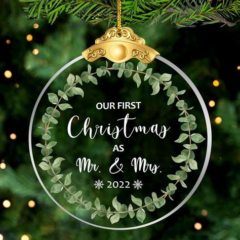 PRETTY DESIGN：This is a glass circle ornament with a diameter of 2.75 inches. Printed colorful pattern and funny saying: "Our First Christmas As Mr & Mrs 2022". PERFECT GIFTS: Our Christmas Ornaments are the best gift for married, newlyweds, couple, spouse or any ornament lover, it has a commemorative significance. These beautiful ornaments are not only for Christmas, but also as gifts for engagements, weddings, anniversaries or any other memorable day. Christmas Decor Gifts, Glass Circle, Circle Ornament, Married Ornament, Beautiful Ornaments, Gifts For Couples, Our First Christmas, Wedding Gifts For Couples, Pretty Design