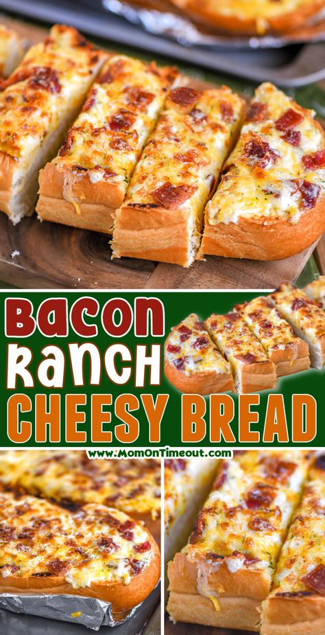 This fantastic Bacon Ranch Cheesy Bread is loaded with amazing flavor and takes just minutes to make! It's a delicious addition to any meal and can be made in the oven or grill! | MomOnTimeout.com Chicken Bacon Ranch Sandwich, House Repair, Roasted Garlic Chicken, No Cook Appetizers, Garlic Cheese Bread, Yummy Meals, Cheesy Bread, Cheesy Bacon, Food Appetizers