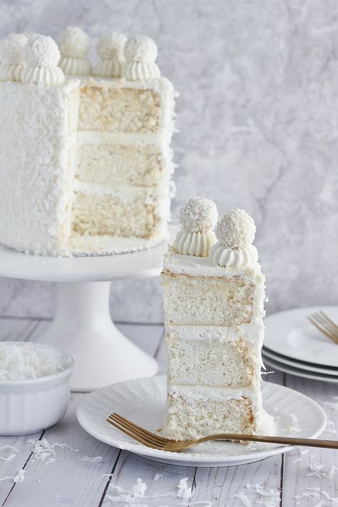 Coconut White Chocolate Cake - Baking with Blondie White Chocolate Coconut Cake, Chocolate Coconut Cake, Baking With Blondie, White Chocolate Coconut, Chocolate Buttercream Recipe, Coconut Buttercream, White Chocolate Cake, White Cake Recipe, White Cakes