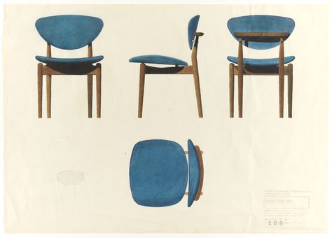 View of front, side, and back of wood and blue upholstered side chair, from left to right across upper half of sheet. Plan of side chair in the lower middle of sheet, with pre-printed multiple image of chair at lower left. Minimalist Wood Furniture, Chair Drawing, Most Comfortable Office Chair, Cooper Hewitt, Finn Juhl, Furniture Details Design, Wooden Dining Chairs, Blue Chair, Baker Furniture