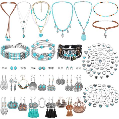 PRICES MAY VARY. Bohemian Western Jewelry Set: the package comes with 137 pieces boho jewelry sets for women, including 7 piece western necklaces in different styles, 3 pieces western bracelets, 18 pairs western earrings, 109 pieces western rings, with 1 piece of gift box, convenient for you to store your jewelry Good Moral: the turquoise of western style jewelry symbolizes happiness and luck, combines the Bohemian style, bringing you warmth, beauty and strength, providing you more blessings and Western Turquoise Jewelry, Turquoise Jewelry Western, Boho Jewlery, Turquoise Jewelry Set, Western Bracelets, Bracelet Rings, Western Turquoise, Turquoise Western, Christmas Gift For Women