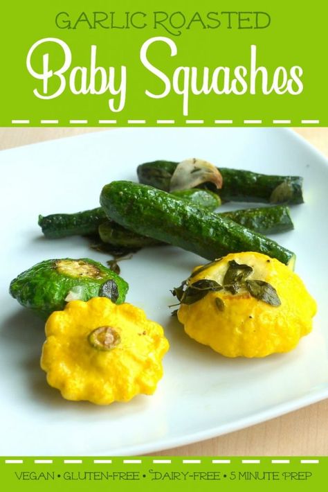 Garlic Roasted Baby Squashes are so easy to prepare; and deliciously tender and sweet!  Perfect summer side dish! #dairyfree #glutenfree #vegan #summersquash #summervegetables #summerveggies #zucchini #freshzucchini Pulse Recipes, Easy Salmon Patties, Baby Squash, Pasta Veggies, Recipes For Baby, Easy Vegetable Recipes, Summer Squash Recipes, Veggie Ideas, Canned Salmon