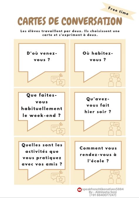 French Conversation Practice, French Classroom Decor, French Vocab, Speaking Cards, French Conversation, French Speaking, Speaking Practice, French Worksheets, French Activities