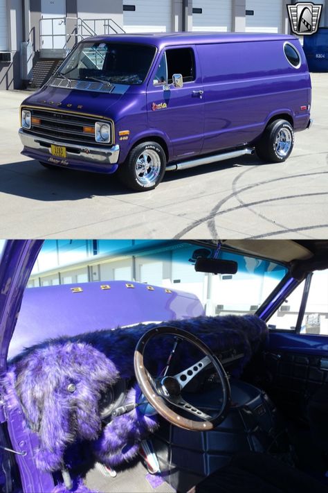 This van is what was popular during the 1970's when it was cool to have a Custom Van - from the wheels and tires to the wild shag carpet interior - to the heart shaped rear bed area - this is it! Powered by a consignor stated 1978 440 cu in w/ Hughes Wiplash cam, Edelbrock intake, Holley 4-bbl carb, and MSD ignition. Boogie Van Interior, 70s Custom Van Interior, Custom Vans For Sale, Old Dodge Power Wagon, Custom Van Interior, Dodge 1970, Purple Vans, 1969 Dodge Super Bee, Vans Painted