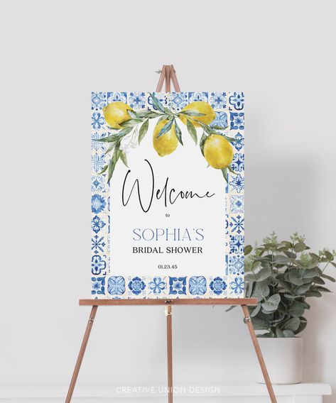 Mediterranean Bridal Shower Welcome Sign Template, Printable Bridal Shower Welcome Sign, Shower Decor, Blue Tiles, Italian, Positano, Sicily Italian Baby Showers, Italian Bridal Showers, Lemon Theme, Citrus Wedding, Bridal Shower Welcome Sign, Shower Welcome Sign, Bridal Shower Signs, Baby Shower Welcome Sign, Blue Tiles