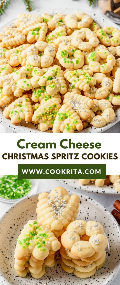 Cream Cheese Christmas spritz cookies Classic Spritz Cookies, Cream Cheese Spritz, Christmas Spritz, Cream Cheese Spritz Cookies, Spritz Cookie Press, Christmas Spritz Cookies, Cheese Christmas, Spritz Cookie, Crumble Cookie Recipe