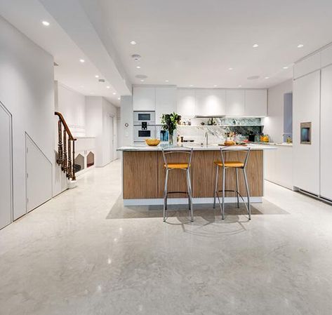 Polished Concrete Floor, Contemporary Design Trends Concrete Floors Interior, Polished Concrete Floor Kitchen, Concrete Floor Kitchen, White Concrete Floors, Concrete Kitchen Floor, Concrete Floors In House, Polished Concrete Floor, Stained Floors, Polished Concrete Floors