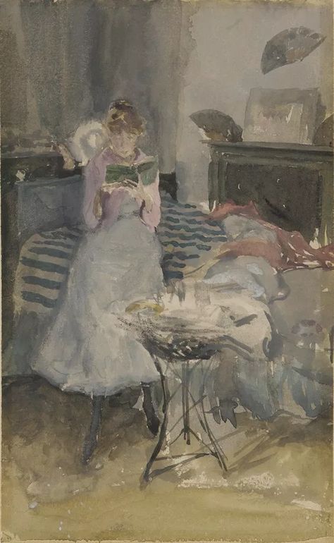 Pink note: The Novelette; James McNeill Whistler, early 1880s; watercolor on paper Famous Artists For Kids, James Whistler, James Abbott Mcneill Whistler, James Mcneill Whistler, Reading Art, Artists For Kids, Painting Reproductions, Whistler, Henri Matisse