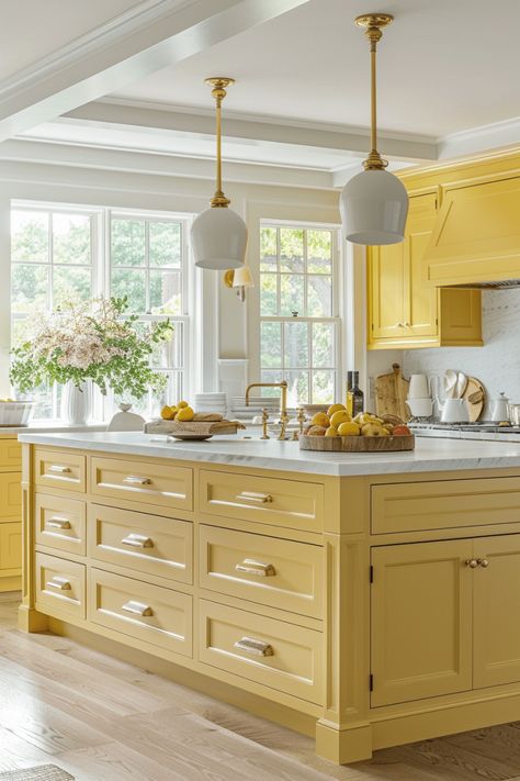 Elevate Your Home with 23+ Inspiring Yellow Kitchen Ideas Kitchen Decor Above Cabinets, Yellow Kitchen Ideas, Kitchen Decor Countertop, Onyx Bathroom, Yellow Kitchens, Yellow Kitchen Designs, Apartment Kitchen Decor, Marsh House, White Upper Cabinets