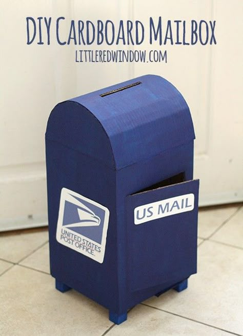 DIY this Cardboard Mailbox for your little Mail Carrier out of an old box and a few other supplies you'll already have at home! Your little one will love delivering their own mail! Diy Valentine's Box, Diy Valentines Box, Diy Karton, Kids Valentine Boxes, Cardboard Play, Valentine Card Box, Diy Mailbox, Valentine Mailbox, Mail Boxes