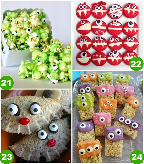 Monster Snacks on Frugal Coupon LIving including Monster Slime Popcorn, Cheese Monsters, Monster Face Sandwich and  Monster Rice Krispie Treats. Monster Birthday Food Ideas, Slime Popcorn, Monsters Inc Food, Monster Party Ideas, Popcorn Cheese, Monster Slime, Monster Snacks, Kids Birthday Food, Halloween Classroom Activities