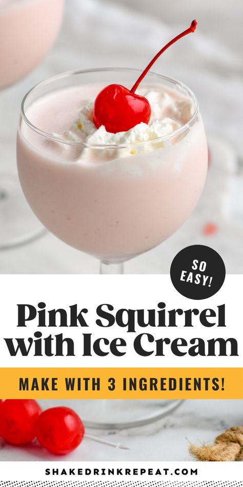 The Pink Squirrel with ice cream is a sweet and boozy adult milkshake with flavors of almond and chocolate. A dreamy dessert cocktail! Pink Ice Cream Flavors, Pink Squirrel Drink Ice Cream, Pink Squirrel Cocktail, Ice Cream Alcoholic Drinks Recipes, Ice Cream Drinks With Liquor, Alcoholic Ice Cream Drinks, Pink Squirrel Drink, Drink Mix Recipes, Hot Chocolate Smoothie