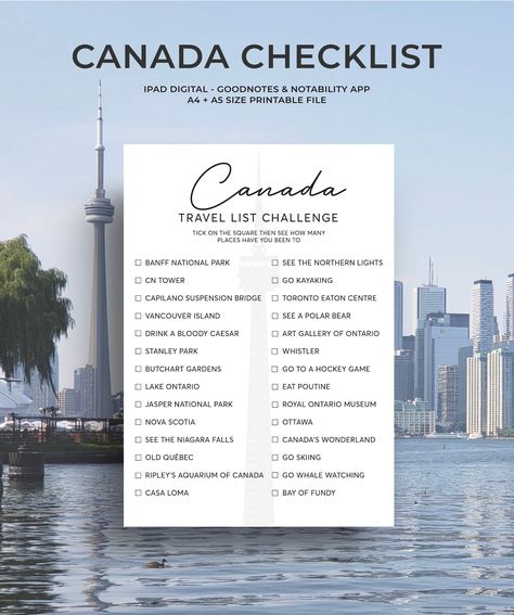 Use this Canada Travel Checklist to plan your vacation and then take it on your trips to tick off all the big name places during your travels. THIS LISTING IS FOR A DIGITAL DOWNLOAD - NO PHYSICAL ITEMS WILL BE SENT. YOU WILL GET THE FILE AND PRINT IT YOURSELF PDF  Files included for print all 4 files  - A5  - A4 HOW TO USE 1. Purchase this listing 2. After several minutes of purchasing, you will be taken to the downloads page on Etsy.com. Please allow 5-10 minutes for the download to become avai Bucket List Canada, Canada Itinerary, Canada Bucket List, Name Places, Checklist Travel, Canadas Wonderland, Canada Vacation, Butchart Gardens, Go Skiing