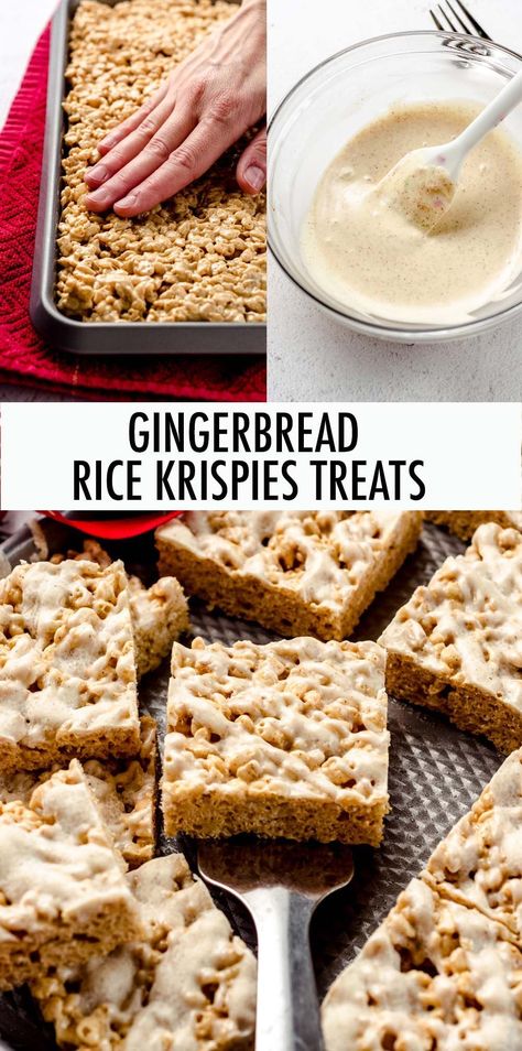 Rice Krispies Treats get a holiday upgrade-- spiced with molasses, cinnamon, and ginger and topped with a spiced white chocolate drizzle. These gingerbread rice krispies treats are sure to be a Christmas favorite! | gingerbread rice krispie treats | rice krispie gingerbread | Christmas rice krispie treats | gingerbread rice crispy treats | gingerbread rice crispies Reindeer Rice Crispy Treats, Chai Rice Krispie Treats, Easy Christmas Rice Krispie Treats, Gingerbread Rice Krispie Treats, Gingerbread Rice Crispy Treats, Christmas Krispie Treats, Home Style Rice Crispy Treats, Rice Crispy Treat Variations, Christmas Rice Crispies