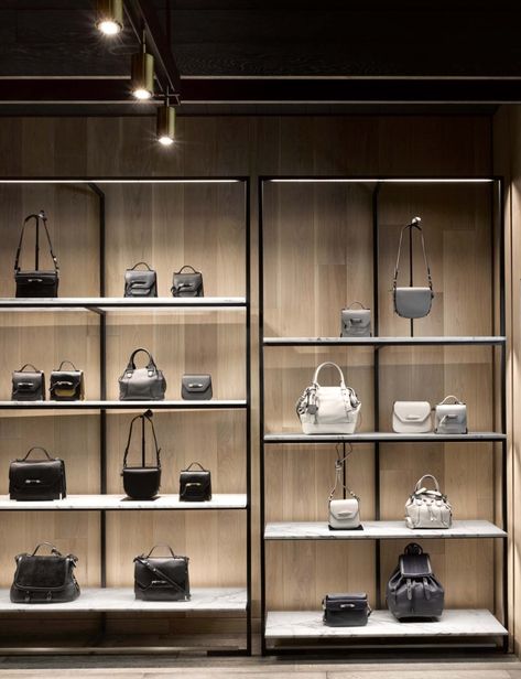 » Mackage flagship store by Burdifilek, Montreal – Canada Bag Store Design, Bag Display Ideas, Bag Shelf, Shoe Store Design, Handbag Display, Retail Lighting, Retail Shelving, Store Interiors, Shop House Ideas