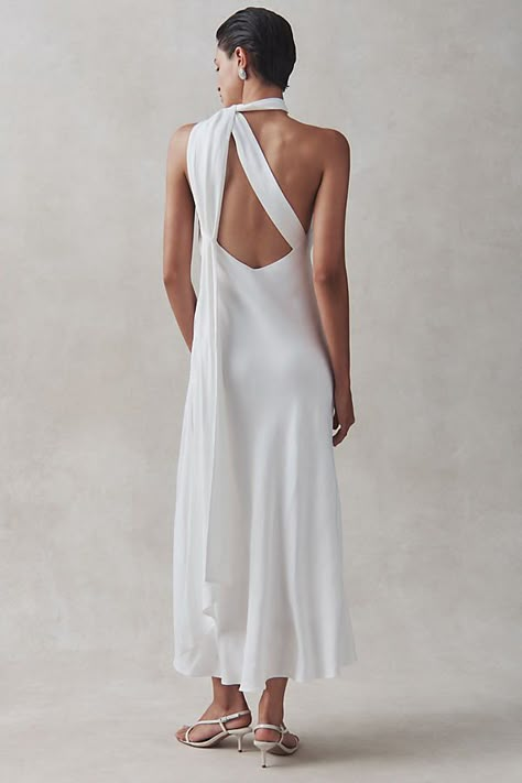 Meet the BHLDN One-Shoulder Removable Scarf Midi Dress. This number comes with a sleek, one-shoulder design that's all about making a statement without saying a word. And the party trick? A removable scarf that can switch up your look in a snap. | One-Shoulder Removable Scarf Midi Dress by BHLDN in White, Women's, Size: XL, Viscose at Anthropologie Classy Rehearsal Dinner Dress, White Dress With Neck Scarf, Fall Engagement Dress, Bridal Rehearsal Dinner Dress, Fall Rehearsal Dinner Dress, Wedding Dress With Neck Scarf, White Dress With Scarf, Wedding Rehearsal Dinner Outfit, Rehersal Dinner Dress