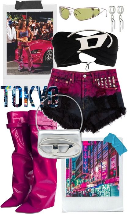 tokyo drift inspired Outfit | ShopLook Tokyo Drift Fashion, Tokyo Drift Outfits, Diesel Sunglasses, Tokyo Drift, Race Outfit, Tokyo Night, Knee High Heels, Tokyo Fashion Week, Strapless Crop Top