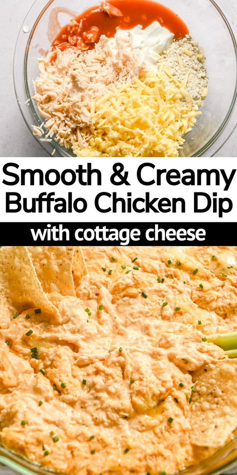 This buffalo chicken dip recipe without cream cheese is the best simple, delicious, and easy appetizer your game day crowd will love! This Greek yogurt buffalo chicken dip has 29 grams of protein per serving! Oven and slow cooker Crock Pot instructions included! Skinnytaste Buffalo Chicken Dip, Buffaloes Chicken Dip, Buffalo Chicken Dip Oven Easy, Buffalo Chicken Dip With Canned Chicken, Cottage Cheese Buffalo Chicken Dip, Chicken Dip Without Cream Cheese, Buffalo Chicken Dip Healthy, Yogurt Buffalo Chicken Dip, Cottage Cheese Buffalo Chicken