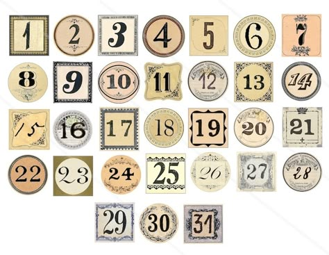 Vintage Numbers Printable Free Downloads, Scrapbook Numbers Printable, Numbers For Scrapbook, Vintage Numbers Printable, Aesthetic Numbers 1-10, 31 Number Design, Number Fonts Vintage, Vintage Calendar Aesthetic, 20 Number Design