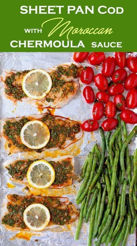 This flavor-packed meal is cooked on a single sheet pan and ready in under 30 minutes! Wild Cod, Green Beans and Cherry Tomatoes are roasted to perfection with Chermoula, a Moroccan inspired fresh herbs, lemon and garlic sauce. Quick, easy and delicious! #whole30 #onepan #onepot #easy #fish #seafood #healthy Sheet Pan Cod, Green Beans And Cherry Tomatoes, Sheet Pan Fish, Seafood Healthy, Chermoula Sauce, Healthy Sheet Pan, Beans And Tomatoes, Fish Dinners, Baked Cod Recipes