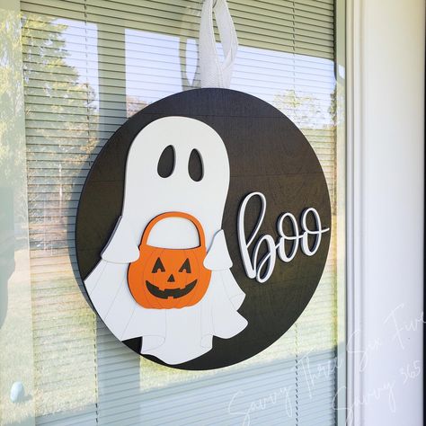 Ghost Door Hanger | Trick Or Treating Ghost With Pumpkin Bucket | Shiplap Halloween Sign | Choose Your Size | Boo Door Sign Ghost Door Hanger, Boo Door, Boo's Door, Ghost Door, Ghost With Pumpkin, Pumpkin Bucket, Handmade Signs, Halloween Sign, Trick Or Treating