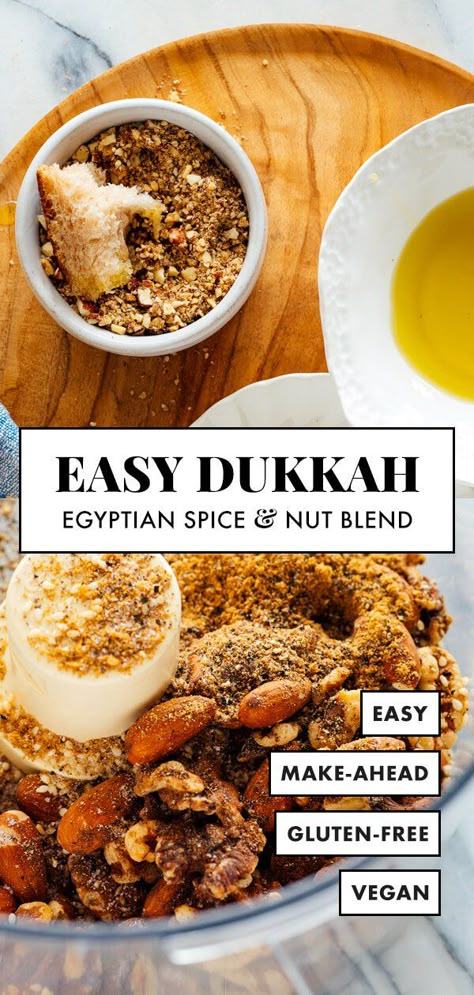 Learn how to make dukkah (duqqa) with this easy recipe! Dukkah is a nut and spice blend from Egypt—sprinkle it over bread dipped in olive oil, roasted vegetables, hummus and more! #dukkah #dukkahrecipe #duqqa #cookieandkate Dukkah Recipe How To Make, Dukkah Spice Recipe, Potato Bread Recipe Homemade, Healthy Sweet Potato Bread, Sweet Potato Bread Recipe, Dukkah Recipe, Mediterranean Appetizers, Spicy Nuts, Bread Dip