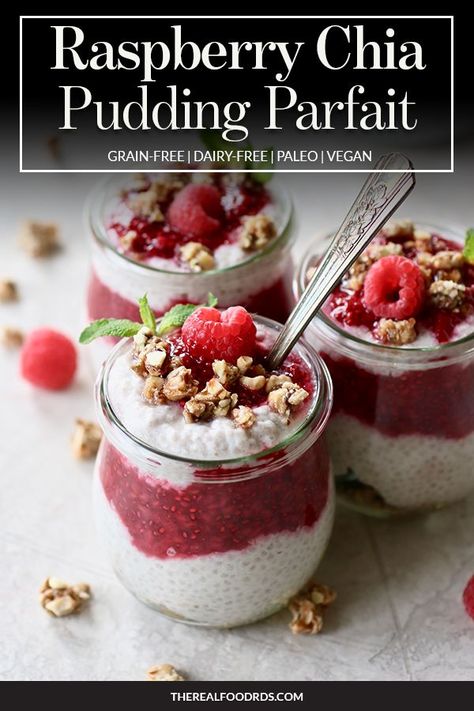 Raspberry Chia Pudding Parfait | This Raspberry Chia Pudding Parfait is dairy-free and contains an excellent source of fiber – 12 grams per serving! A perfect vegan and paleo-friendly recipe for all to enjoy this spring and summer. || The Real Food Dietitians Vegan Parfait, Pudding Parfait Recipes, Granola And Yogurt, Chia Pudding Parfait, Raspberry Chia Pudding, Chia Parfait, Dietitian Recipes, Chia Recipes, Paleo Breakfasts