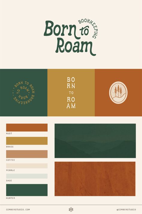 A custom brand design for Born To Roam Bookkeeping, inspired by the freedom that comes from knowing your business numbers. Created with natural elements, an earthy color palette, gritty textures, and an organic typography style. Organic custom typography, gritty branding, outdoorsy branding, rustic business branding, earthy branding inspiration, natural brand design, bookkeeping brand design, small business branding ideas, wanderlust aesthetic for business, earth-toned branding, adventure aesthetic, wild and free brand design, earthy graphic design elements, custom logo ideas Outdoor Brand Logo Design, Outdoor Branding Ideas, Pnw Color Palette, Adventure Color Palette, Earthy Graphic Design, Patagonia Branding, Wood Logo Branding, Rustic Graphic Design, Arizona Branding