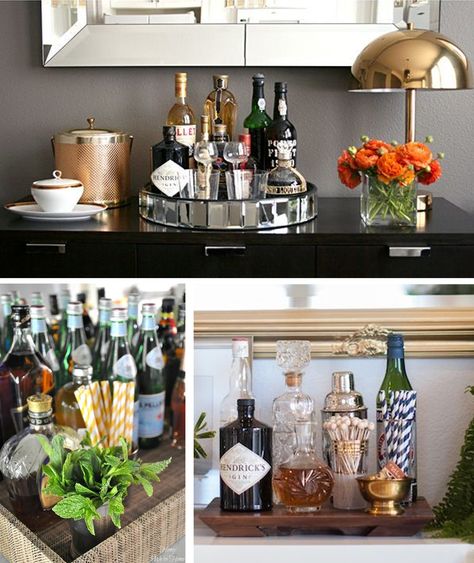 Designer Tip: How to Style Your Bar Dining Room Buffet Bar Decor, Tray Bar Ideas, Setting Up A Bar Cabinet, Bar On Buffet Table, Drink Tray Decor, How To Decorate A Bar Cabinet, Mini Bar Styling, Alcohol Tray Decor, Styling A Bar Area