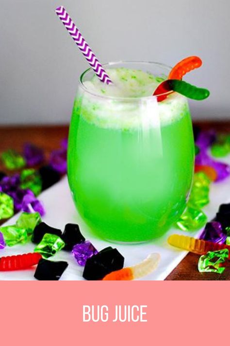 a creepy crawly fun nonalcoholic drink to make for the kids. they'll love the bugs! Bug Juice Punch, Beetlejuice Drinks For Kids, Beetle Juice Drink, Green Punch Recipe For Kids, Beetlejuice Drink Non Alcoholic, Beetlejuice Themed Snacks, Green Punch For Kids, Beetlejuice Punch, Green Drinks For Kids