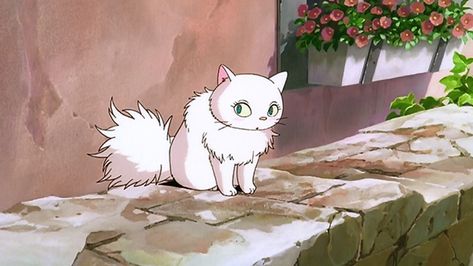 Lily is a pretty white cat who catches Jiji's eye in the classic animated film by Hayao Miyazaki, Majo no takkyûbin (Kiki's Delivery Service) (1989). Kiki's Delivery Service Cat, Service Cat, Lily Cat, Studio Ghilbi, Anime Witch, Ghibli Artwork, Kiki Delivery, Kiki's Delivery Service, Studio Ghibli Movies