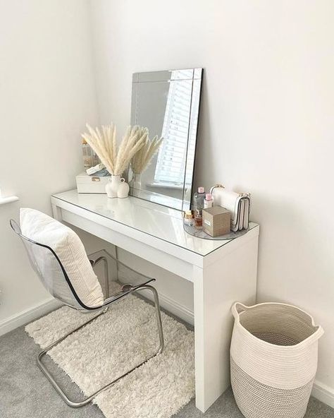 Dressing Table Ikea, Ikea Dressing Table, Malm Dressing Table, White Dressing Table, Behind The Couch, Transparent Chair, White Dressing Tables, Ikea Desk, Dressing Table With Chair