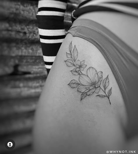 Minimalist Floral Hip Tattoo, Thigh Hip Tattoo Women Unique Butterfly, Top Of Hip Tattoo, Floral Pelvis Tattoo, Small Simple Thigh Tattoos, Simple Flower Hip Tattoo, Fine Line Flower Hip Tattoo, Dainty Flower Hip Tattoo, Dainty Floral Hip Tattoo