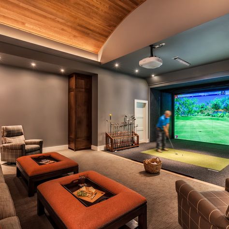 Golf Simulator Home Theater, Basement Golf Simulator, Home Theater Ideas Living Room, Golf Simulator Room Design, Remodeling Living Room, Simulator Room, Home Theater Ideas, Home Golf Simulator, Architecture Workshop