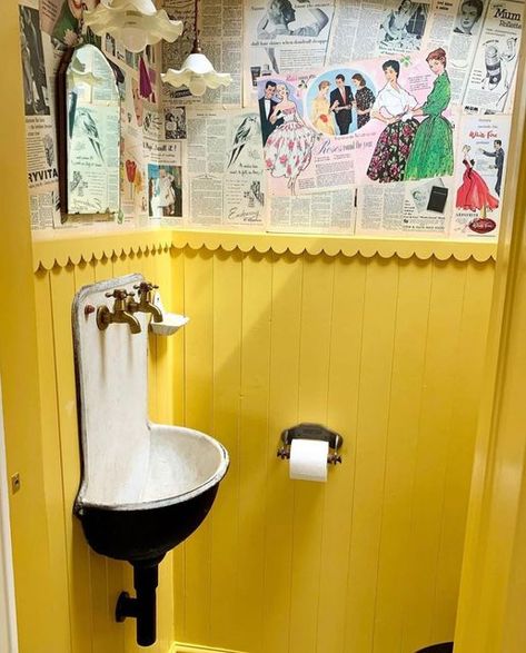 Yellow Toilet, Maximalism Decor, Grand Millennial Decor, Small Toilet Room, 1970s Home, Toilet Room, Farmhouse Remodel, Small Toilet, Boho Curtains