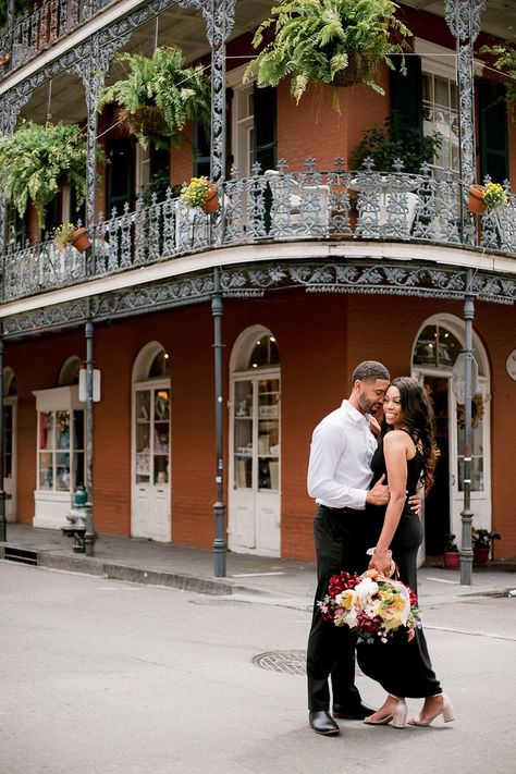 Couple walking through the french quarter in New Orleans French Quarter Engagement Photos, New Orleans Engagement Pictures, New Orleans Wedding Photos, New Orleans Couples Photoshoot, New Orleans Photoshoot Ideas, New Orleans Photoshoot, Nola Engagement Photos, New Orleans Engagement Photos, Garden Engagement Photos