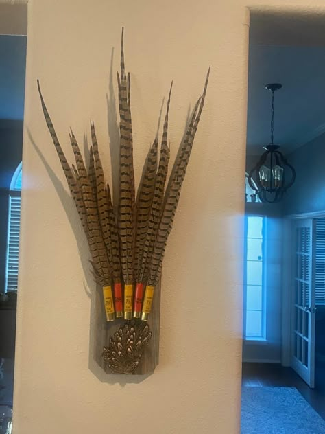 Pheasant Tail Feathers Decor, Turkey Fan Mount Shadow Box Ideas, What To Do With Deer Antlers Ideas, Animal Skull Crafts, Animal Mounts Decor, Turkey Fan Mount Ideas, Feather Display Ideas, Pheasant Taxidermy, Hunting Decor Living Room