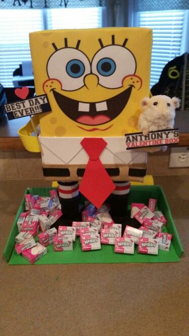 SpongeBob Valentine's Day Box.  Made of shoebox and foam Spongebob Valentine Box Ideas, Funny Valentines Boxes, Valentine Day Box Ideas, Kindergarten Valentine Crafts, Unique Valentine Box Ideas, Valentines Day Boxes, Valentines Box Ideas, Valentine Boxes For School, Valentines 2023